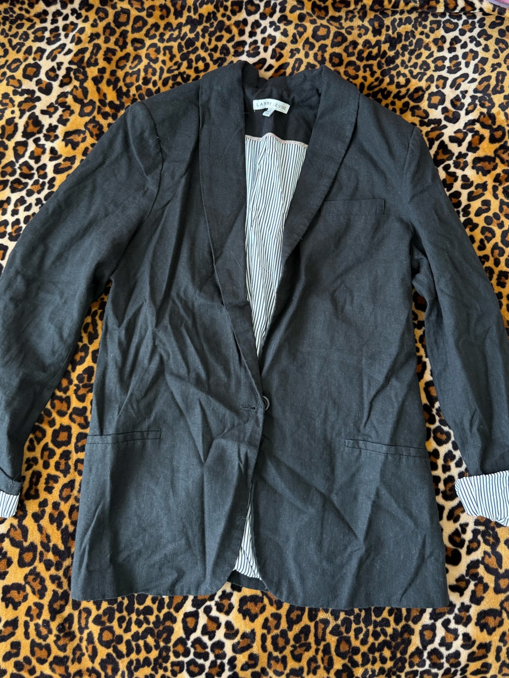 Larry Levine Black Linen Blazer with Striped Lining Trim